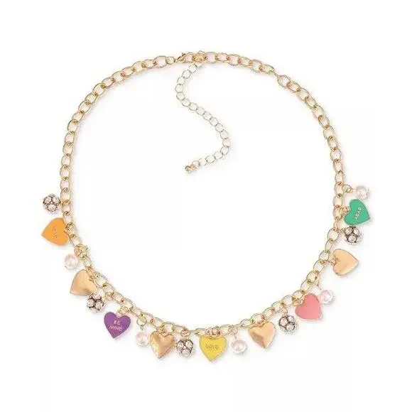 Gold Tone Heart Charm Necklace Crystal Faux Pearl Trendy Fashion Chic Style NWT - Picture 4 of 8